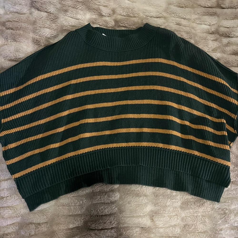 Free People Stripe Easy Street Crop Sweater in Hunter